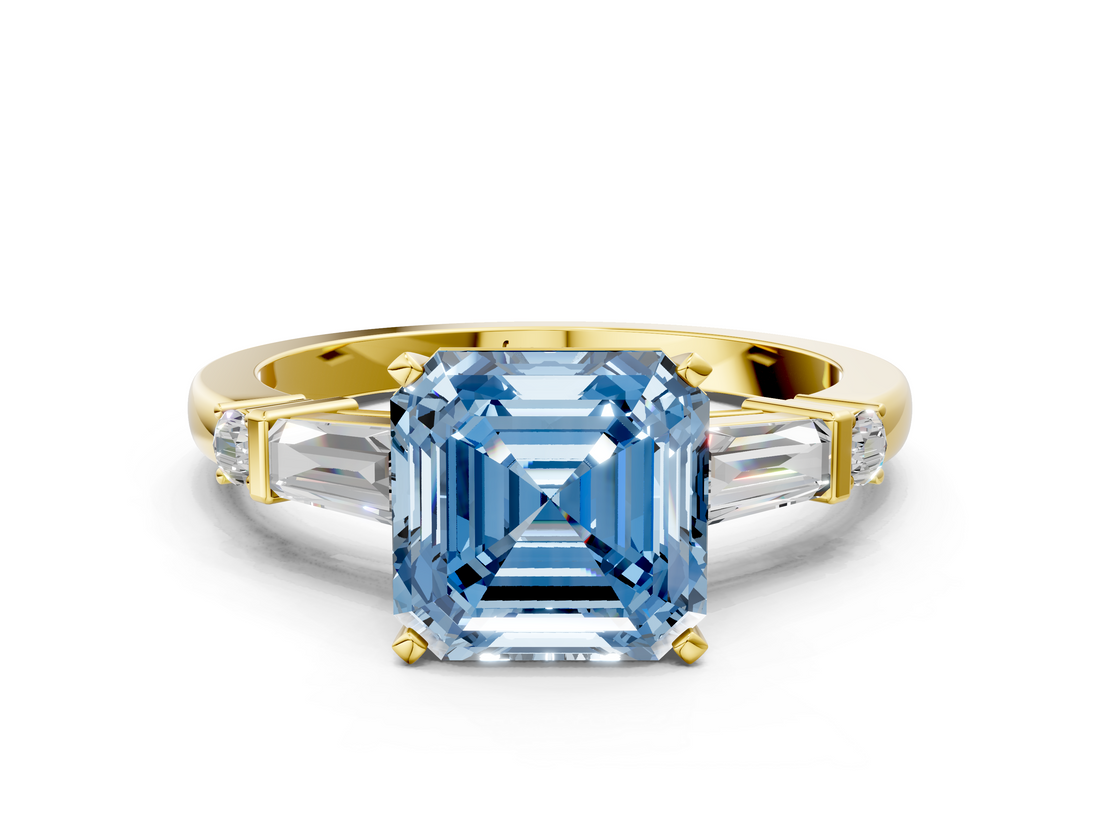 Yellow gold Fancy Blue Asscher  Cut Diamond Ring with Baguette Side Stones, Channel Set Band, and Four-Prong Setting_15