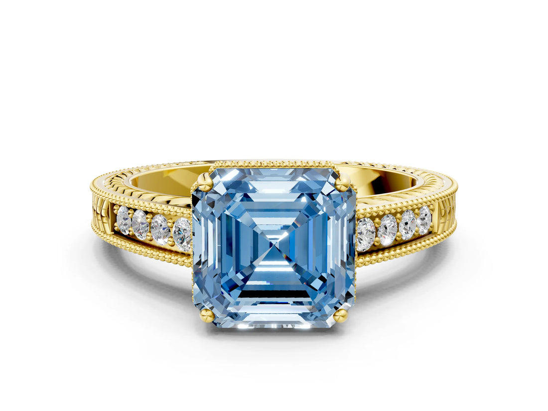 Yellow gold Fancy Blue Asscher Cut Diamond Ring with Milgrain Pavé Band and Four-Prong Setting_20