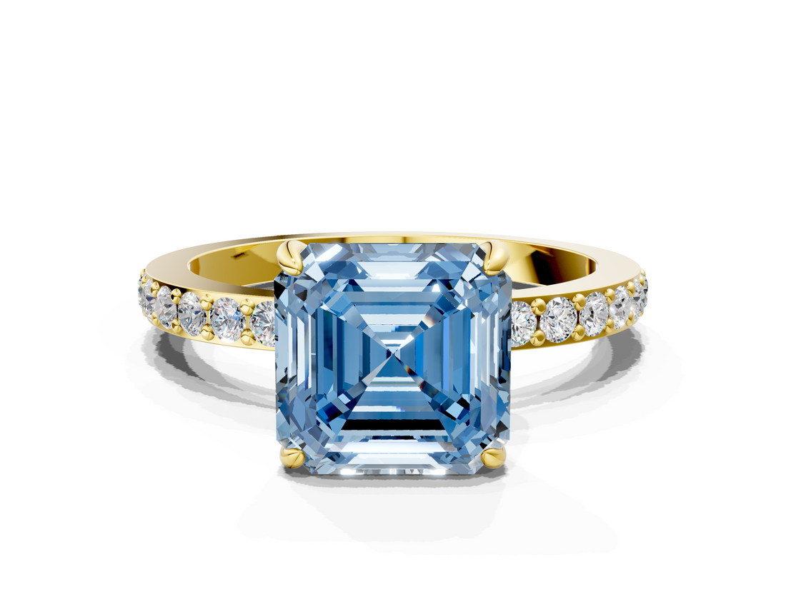 Yellow gold Fancy Blue Asscher  Cut Diamond Ring with Pavé Band and Four-Prong Setting_17