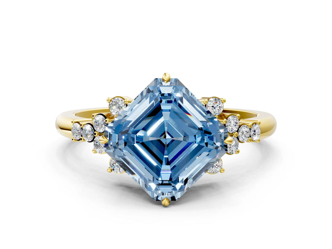 Yellow gold Fancy Blue Asscher Cut Diamond Ring with Side Stones and Four-Prong Setting_58