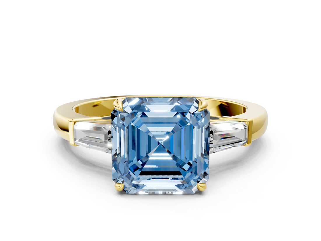 Yellow gold Fancy Blue Asscher  Cut Diamond Ring with Tapered Baguette Side Stones in Four-Prong Setting_3