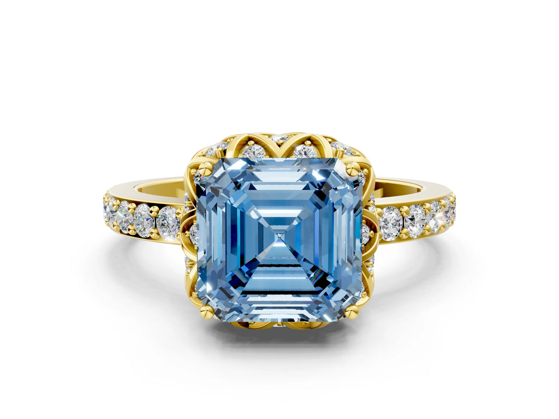 Yellow gold Fancy Blue Asscher Cut Diamond Scalloped Halo Engagement Ring with Round Shared Prong Band_12