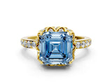 Yellow gold Fancy Blue Asscher Cut Diamond Scalloped Halo Engagement Ring with Round Shared Prong Band_24
