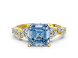 Yellow gold Fancy Blue Asscher Cut Diamond Scattered Round Accent Ring with Prong Setting_12