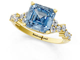 Yellow gold Fancy Blue Asscher Cut Diamond Scattered Round Accent Ring with Prong Setting_13