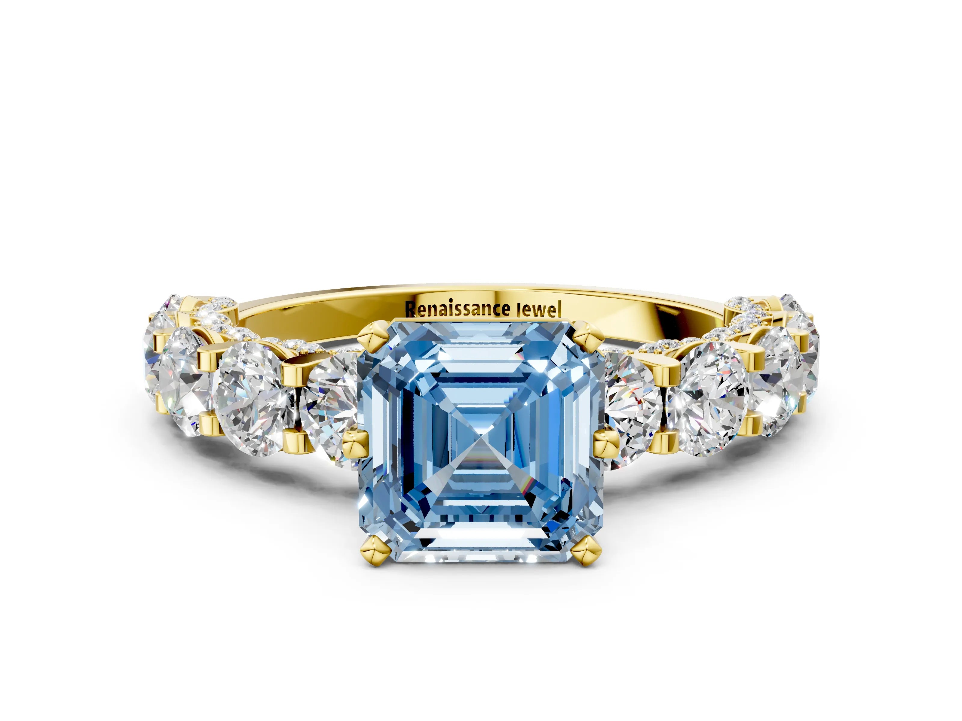 Yellow gold Fancy Blue Asscher Cut Diamond Side Stone Engagement Ring with Four-Prong Setting_24