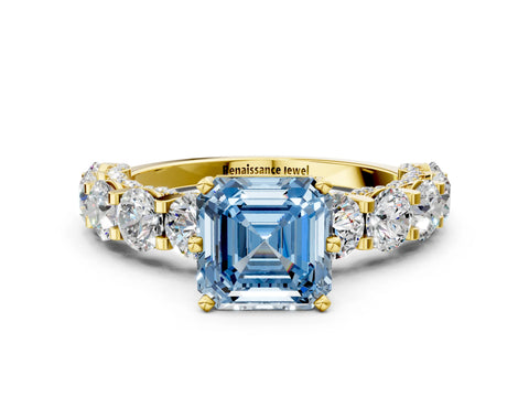 Yellow gold Fancy Blue Asscher Cut Diamond Side Stone Engagement Ring with Four-Prong Setting_24