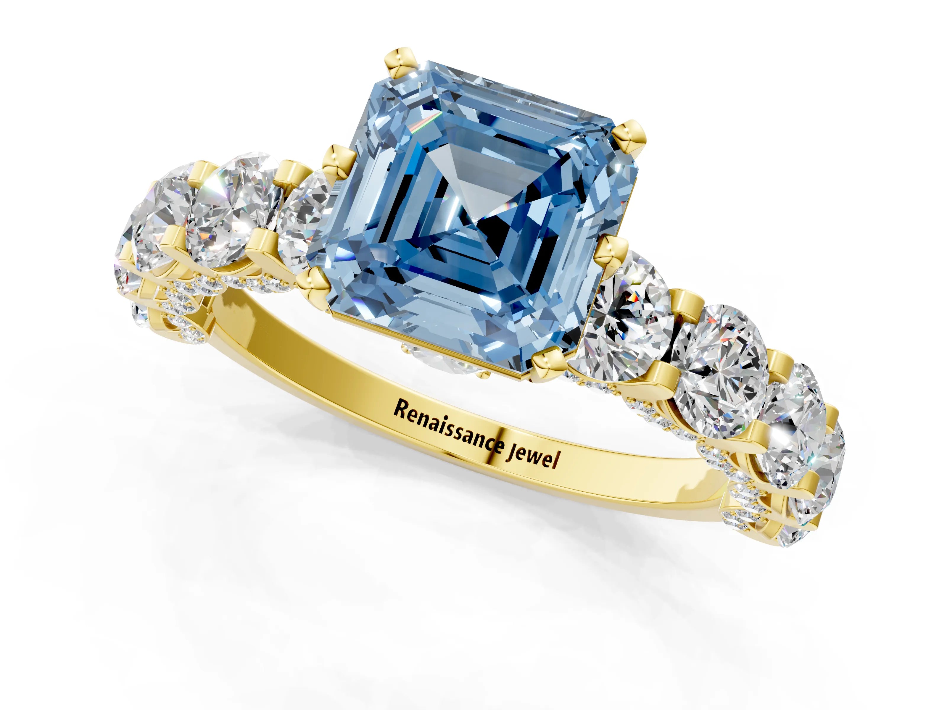 Yellow gold Fancy Blue Asscher Cut Diamond Side Stone Engagement Ring with Four-Prong Setting_25