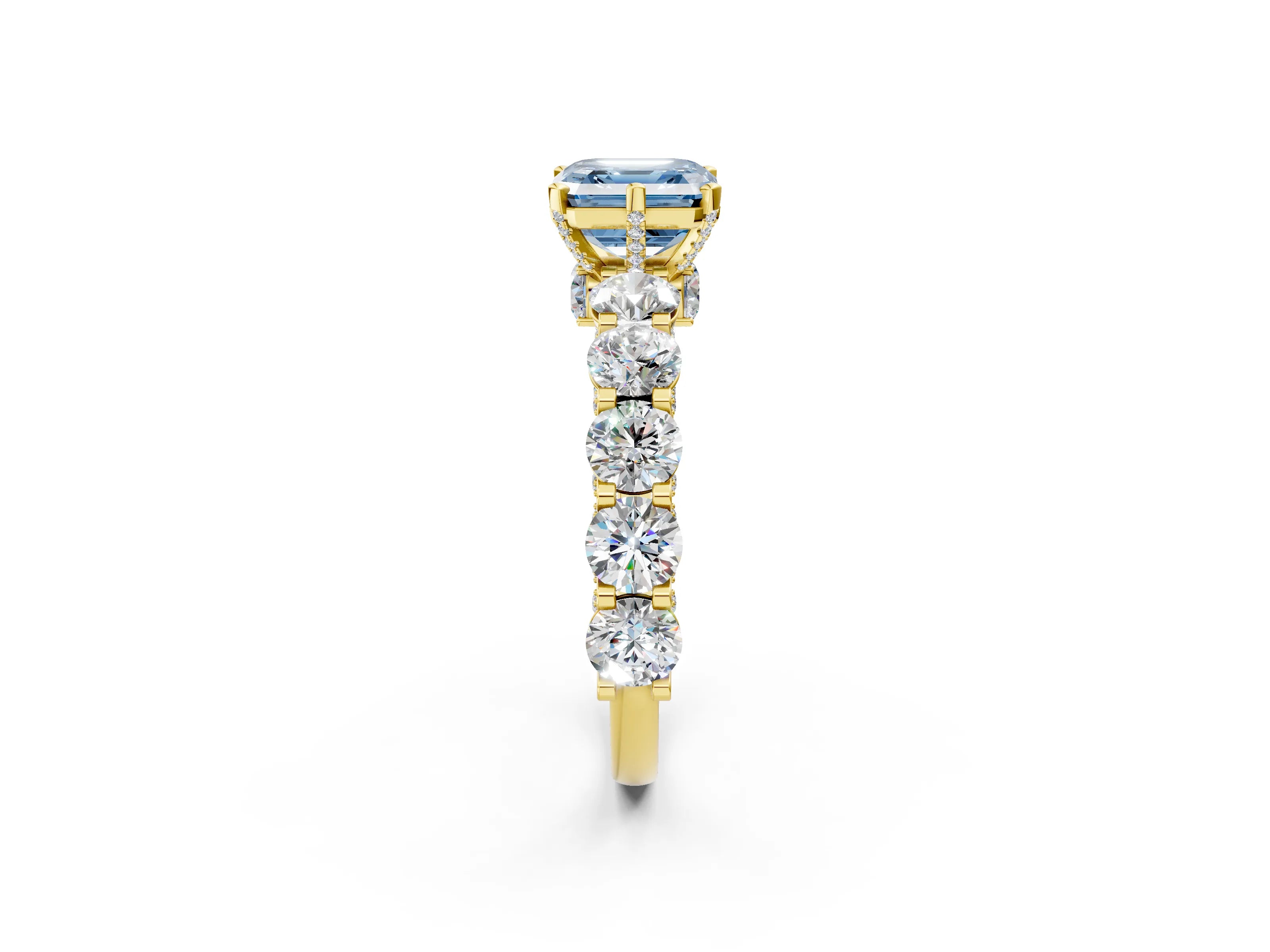 Yellow gold Fancy Blue Asscher Cut Diamond Side Stone Engagement Ring with Four-Prong Setting_26