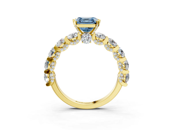 Yellow gold Fancy Blue Asscher Cut Diamond Side Stone Engagement Ring with Four-Prong Setting