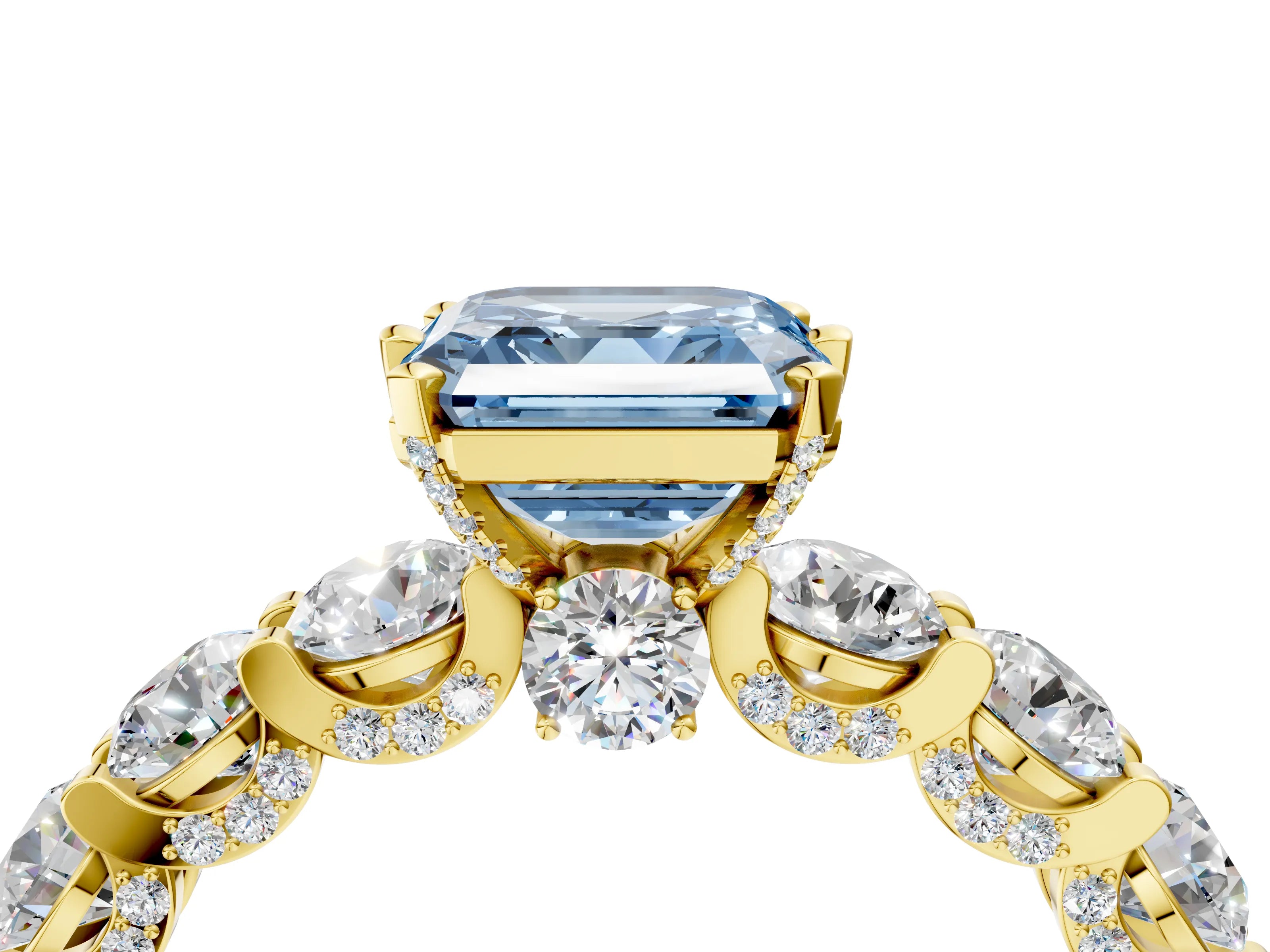 Yellow gold Fancy Blue Asscher Cut Diamond Side Stone Engagement Ring with Four-Prong Setting_28