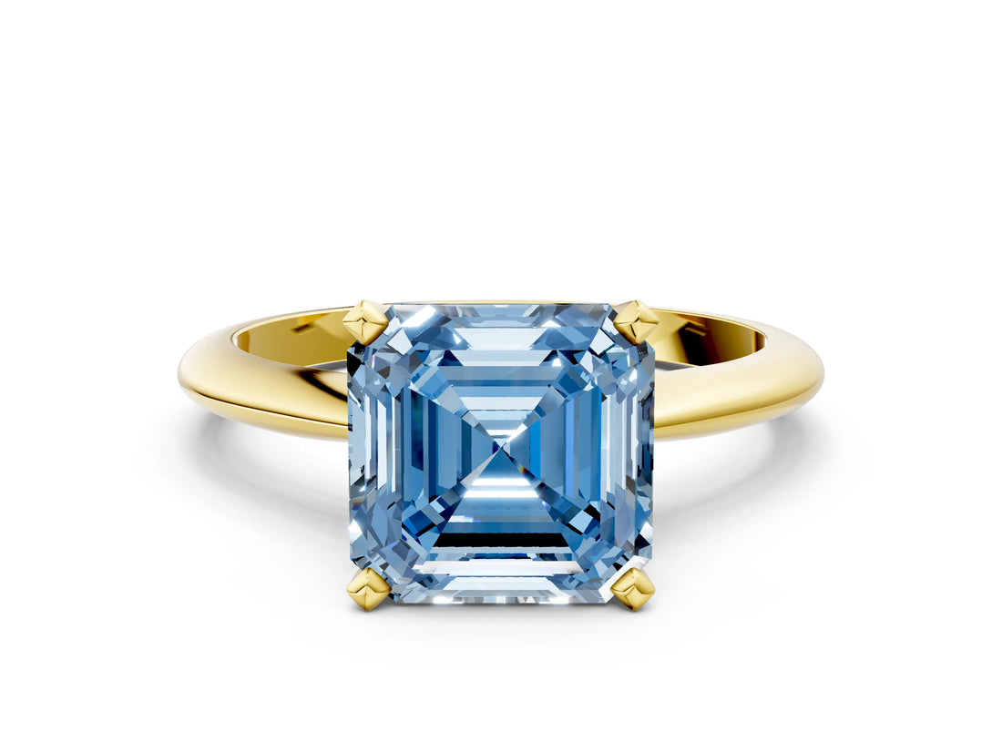 Yellow gold Fancy Blue Asscher Cut Diamond Solitaire Engagement Ring with Classic Band and Four-Prong Setting_36