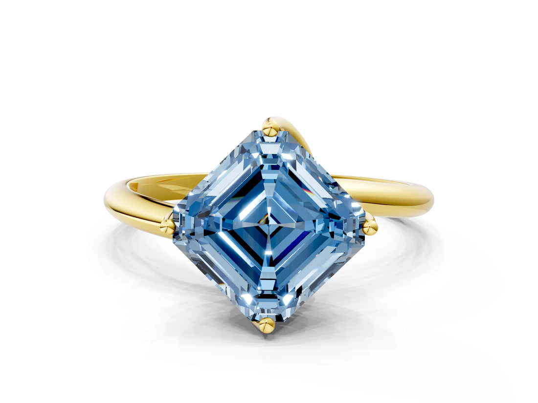 Yellow gold Fancy Blue Asscher Cut Diamond Solitaire Engagement Ring with Four-Prong Setting and Classic Band_54