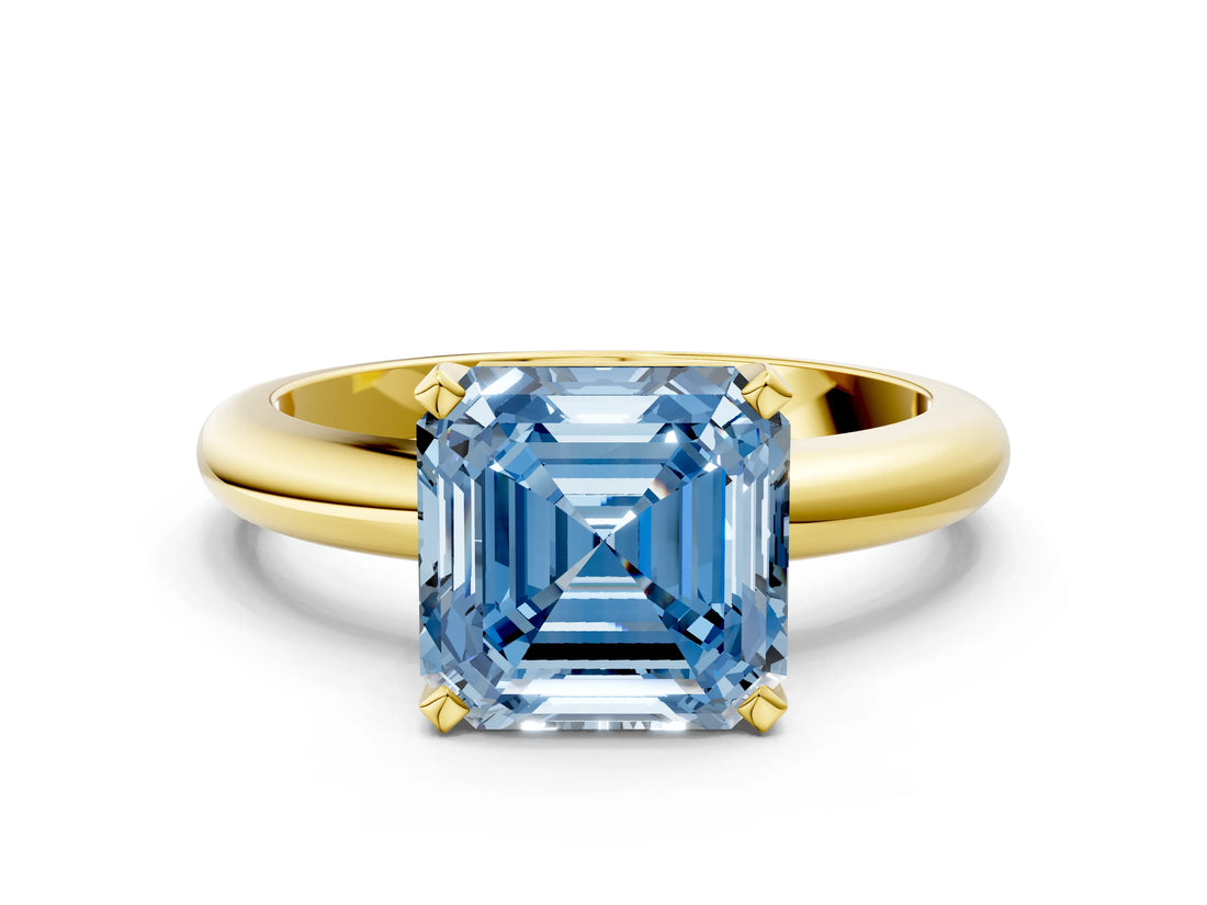 Yellow gold Fancy Blue Asscher Cut Diamond Solitaire Engagement Ring with Round Band and Four-Prong Setting_89