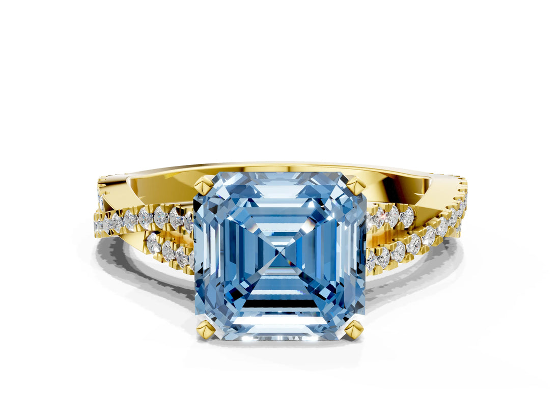 Yellow gold Fancy Blue Asscher Cut Diamond Solitaire Engagement Ring with Twisted Pavé Band and Four-Prong Setting_54