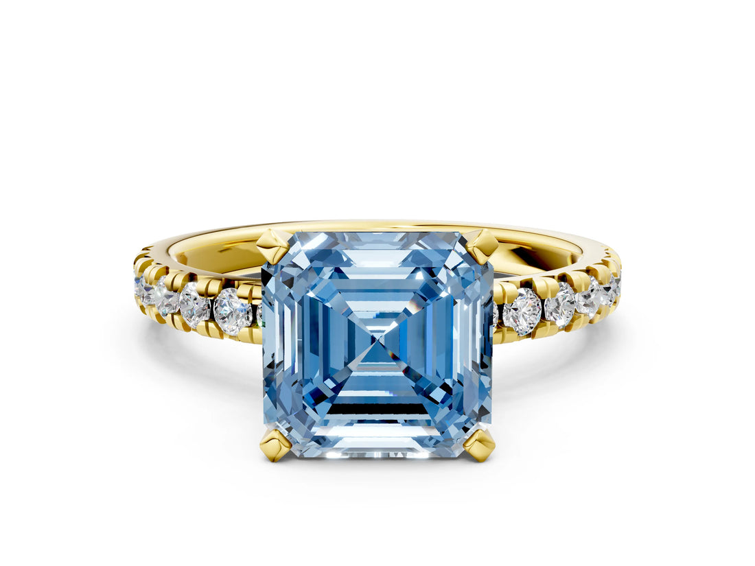 Yellow gold Fancy Blue Asscher Cut Diamond Solitaire Pavé Engagement Ring with Round Band and Prong Setting_84