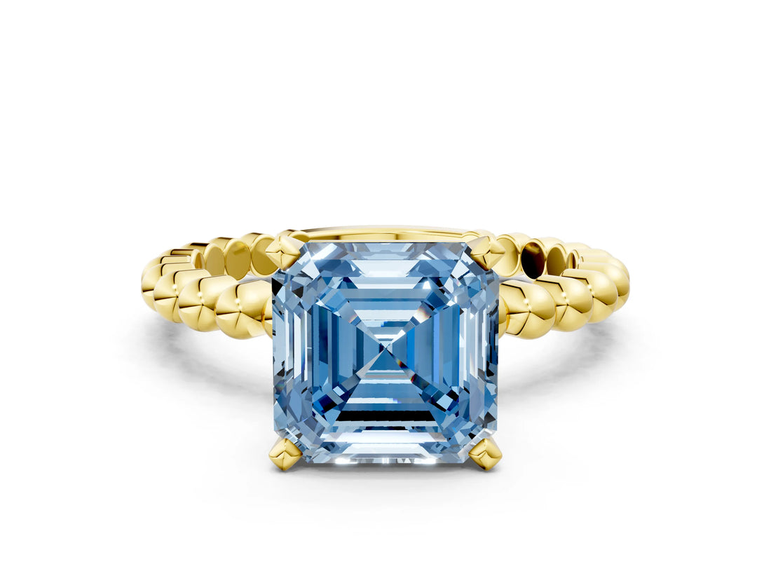Yellow gold Fancy Blue Asscher Cut Diamond Solitaire Ring with Beaded Band and Prong Setting_40