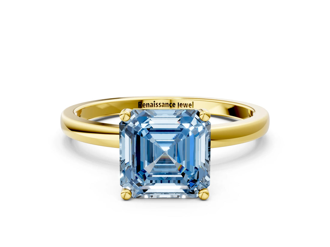 Yellow gold Fancy Blue Asscher Cut Diamond Solitaire Ring with Classic Band and Four-Prong Setting