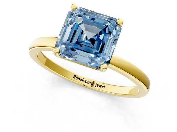 Yellow gold Fancy Blue Asscher Cut Diamond Solitaire Ring with Classic Band and Four-Prong Setting