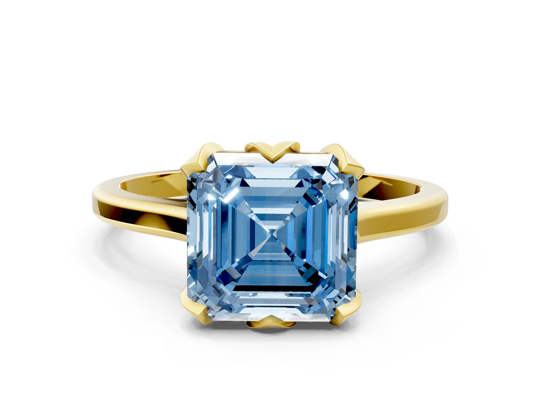 Yellow gold Fancy Blue Asscher Cut Diamond Solitaire Ring with Flower Prong Setting and Classic Band_97