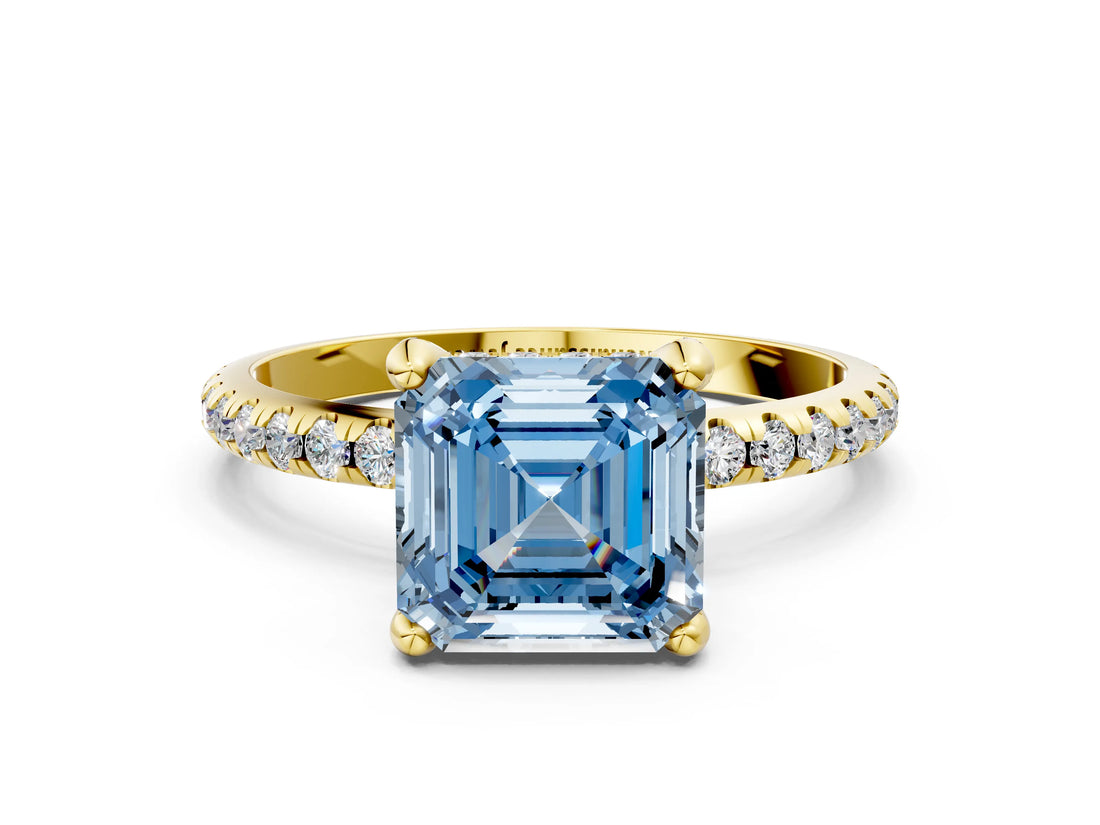 Yellow gold Fancy Blue Asscher Cut Diamond Solitaire Ring with Four-Prong Setting and Pavé Band_3