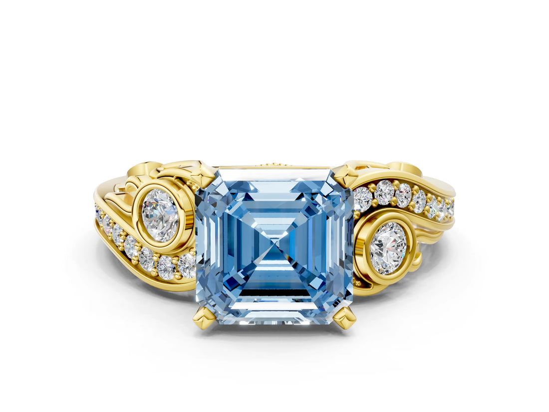 Yellow gold Fancy Blue Asscher Cut Diamond Solitaire Ring with Milgrain Pavé Band and Four-Prong Setting_17