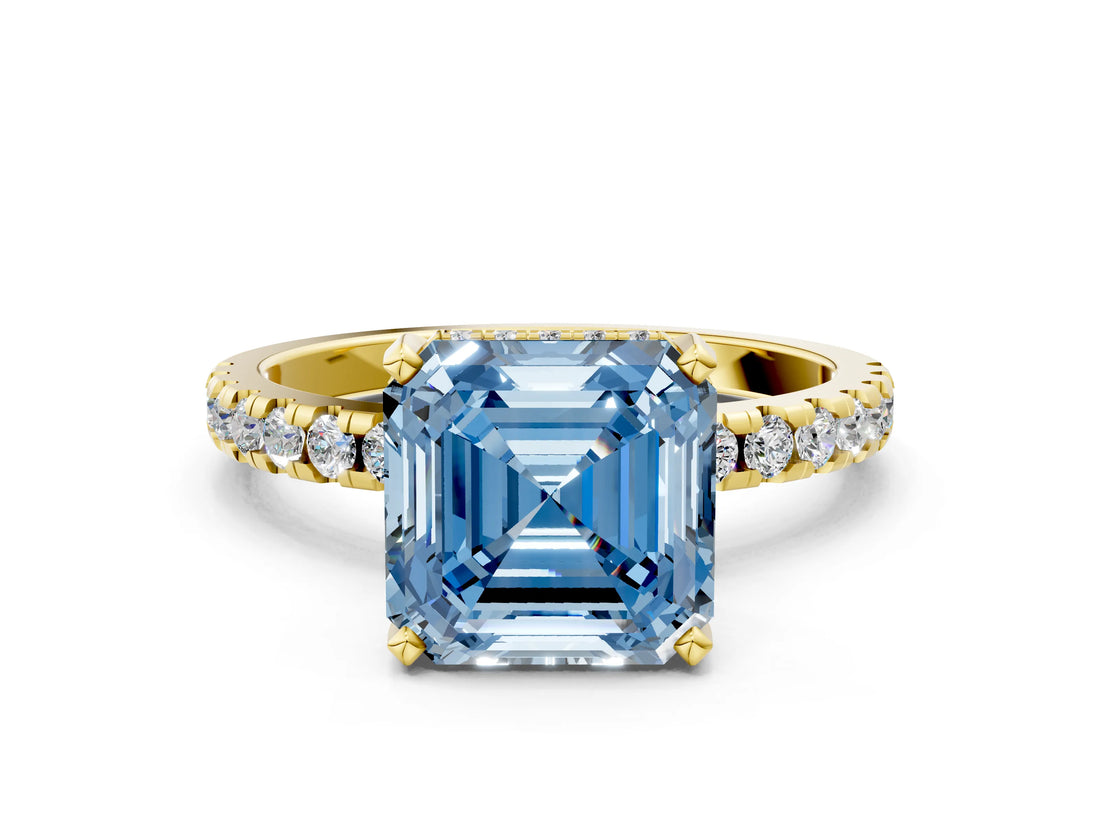 Yellow gold Fancy Blue Asscher Cut Diamond Solitaire Ring with Pavé Band and Four-Prong Setting_51