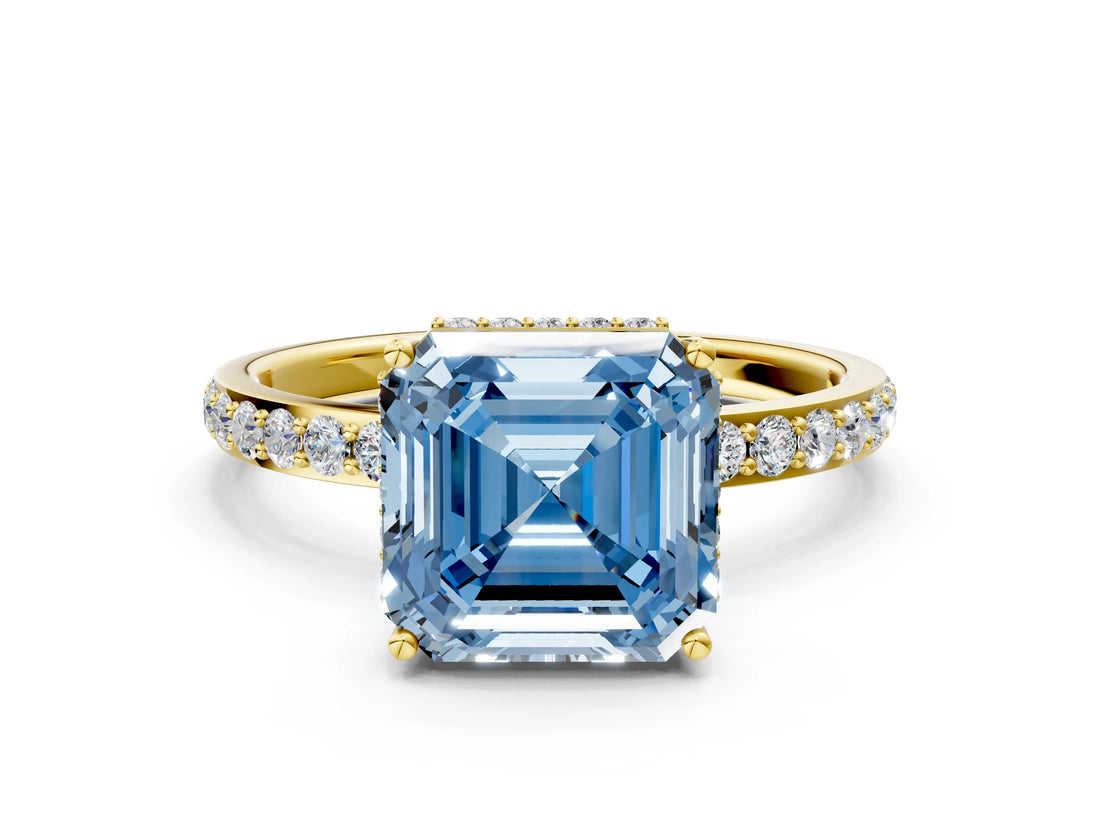 Yellow gold Fancy Blue Asscher Cut Diamond Solitaire Ring with Pavé Band and Hidden Halo_20