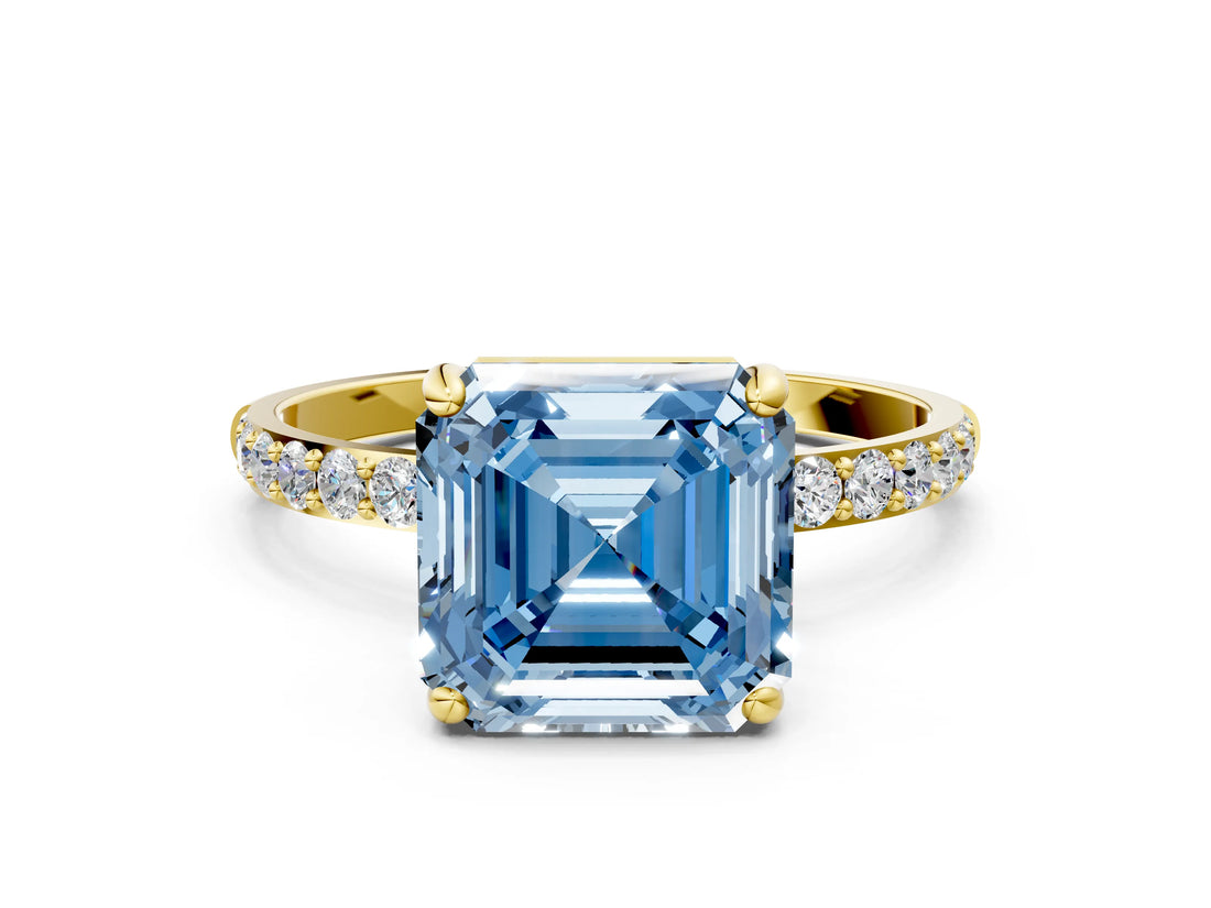 Yellow gold Fancy Blue Asscher Cut Diamond Solitaire Ring with Pave Band and Four Prong Setting_33