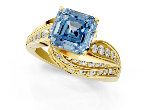 Yellow gold Fancy Blue Asscher Cut Diamond Solitaire Ring with Prong Setting and Twisted Pavé Band_1