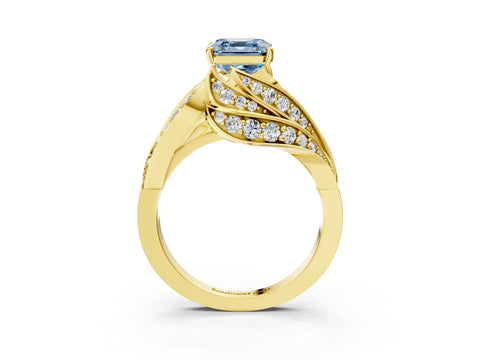 Yellow gold Fancy Blue Asscher Cut Diamond Solitaire Ring with Prong Setting and Twisted Pavé Band_3
