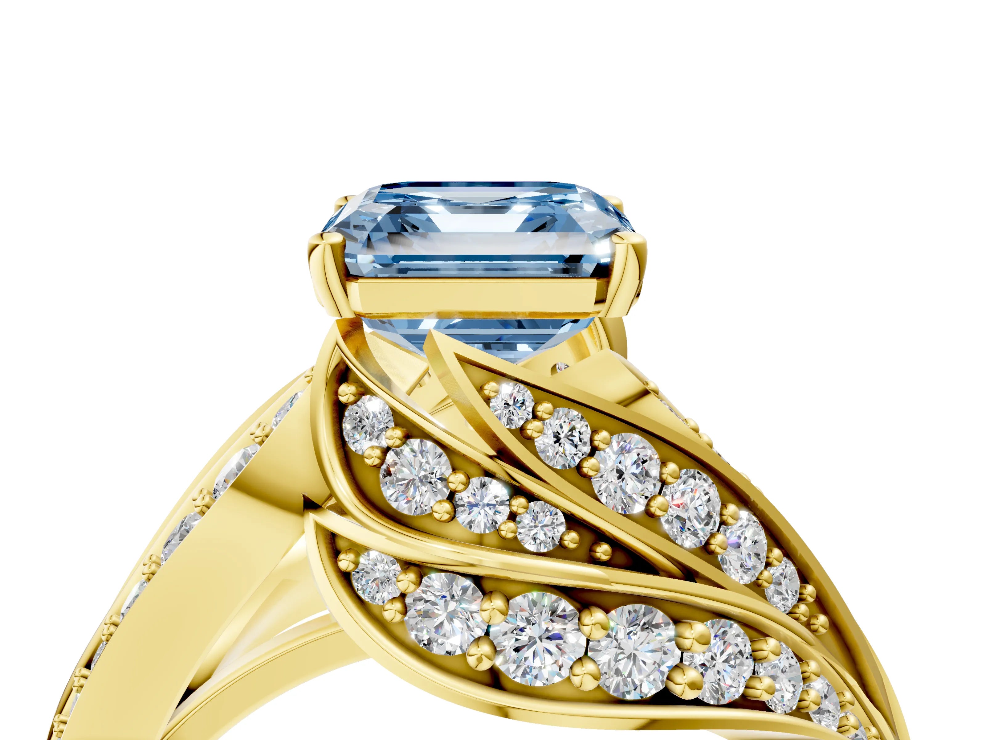 Yellow gold Fancy Blue Asscher Cut Diamond Solitaire Ring with Prong Setting and Twisted Pavé Band_4