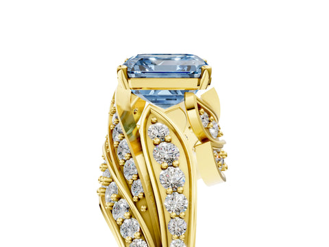 Yellow gold Fancy Blue Asscher Cut Diamond Solitaire Ring with Prong Setting and Twisted Pavé Band_5