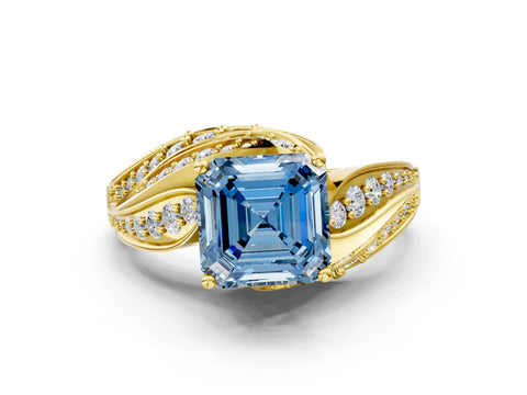 Yellow gold Fancy Blue Asscher Cut Diamond Solitaire Ring with Prong Setting and Twisted Pavé Band