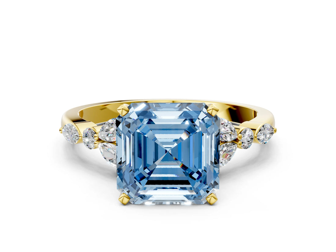 Yellow gold Fancy Blue Asscher Cut Diamond Solitaire Ring with Side Stones and Four-Prong Setting_51