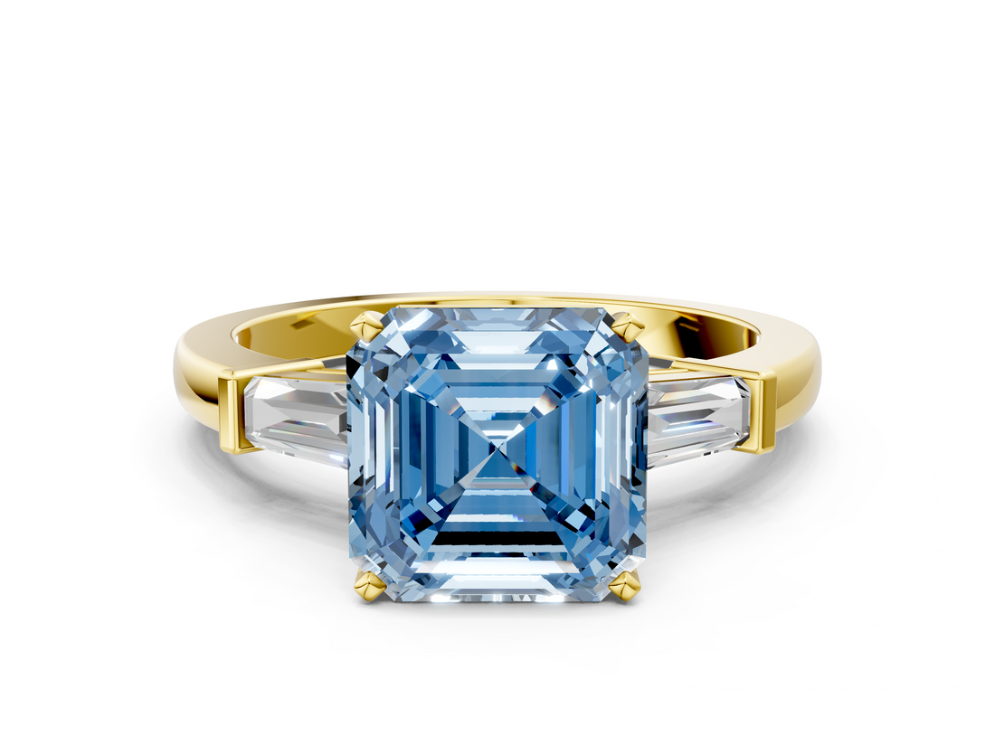 Yellow gold Fancy Blue Asscher  Cut Diamond Solitaire Ring with Tapered Baguette Accents and Four-Prong Setting_17