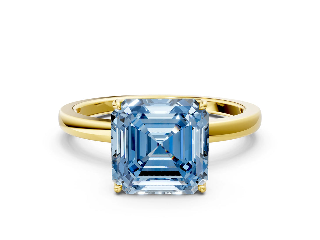 Yellow gold Fancy Blue Asscher Cut Diamond Solitaire Ring with Thin Band and Prong Setting_12