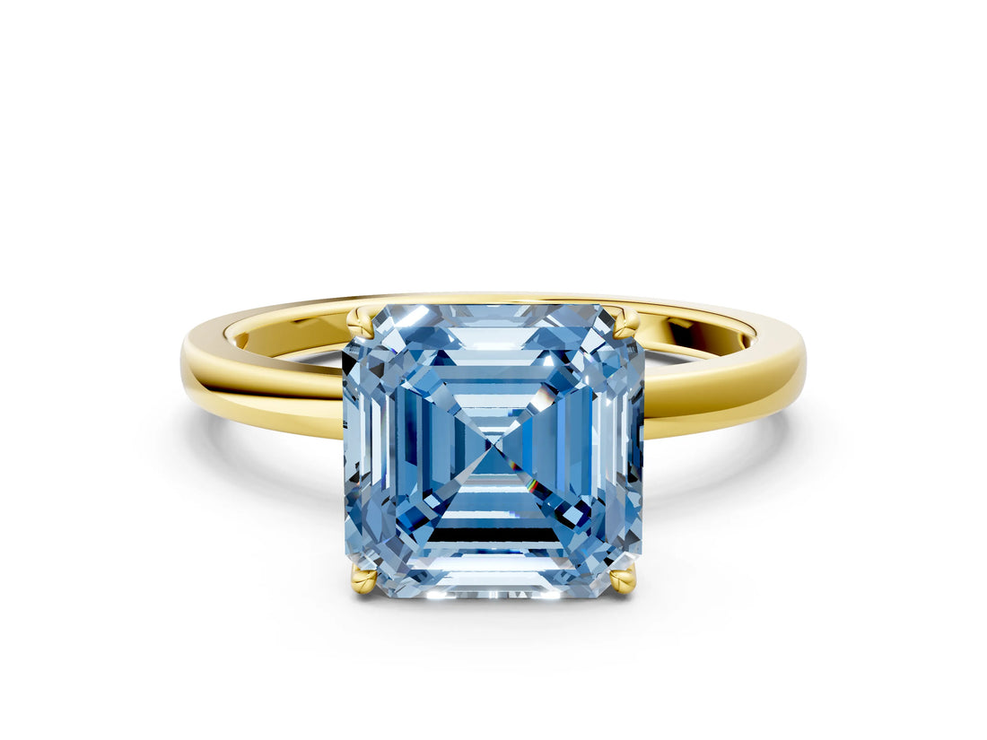 Yellow gold Fancy Blue Asscher Cut Diamond Solitaire Ring with Thin Band and Prong Setting_24