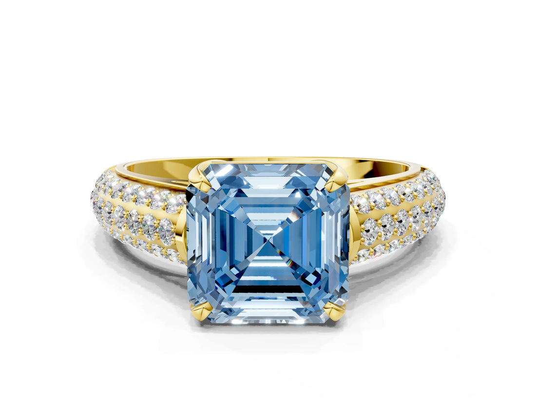 Yellow gold Fancy Blue Asscher Cut Diamond Solitaire Ring with Three-Row Pavé Band and Four-Prong Setting_17