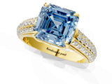 Yellow gold Fancy Blue Asscher Cut Diamond Solitaire Ring with Three-Row Pavé Band and Four-Prong Setting_18