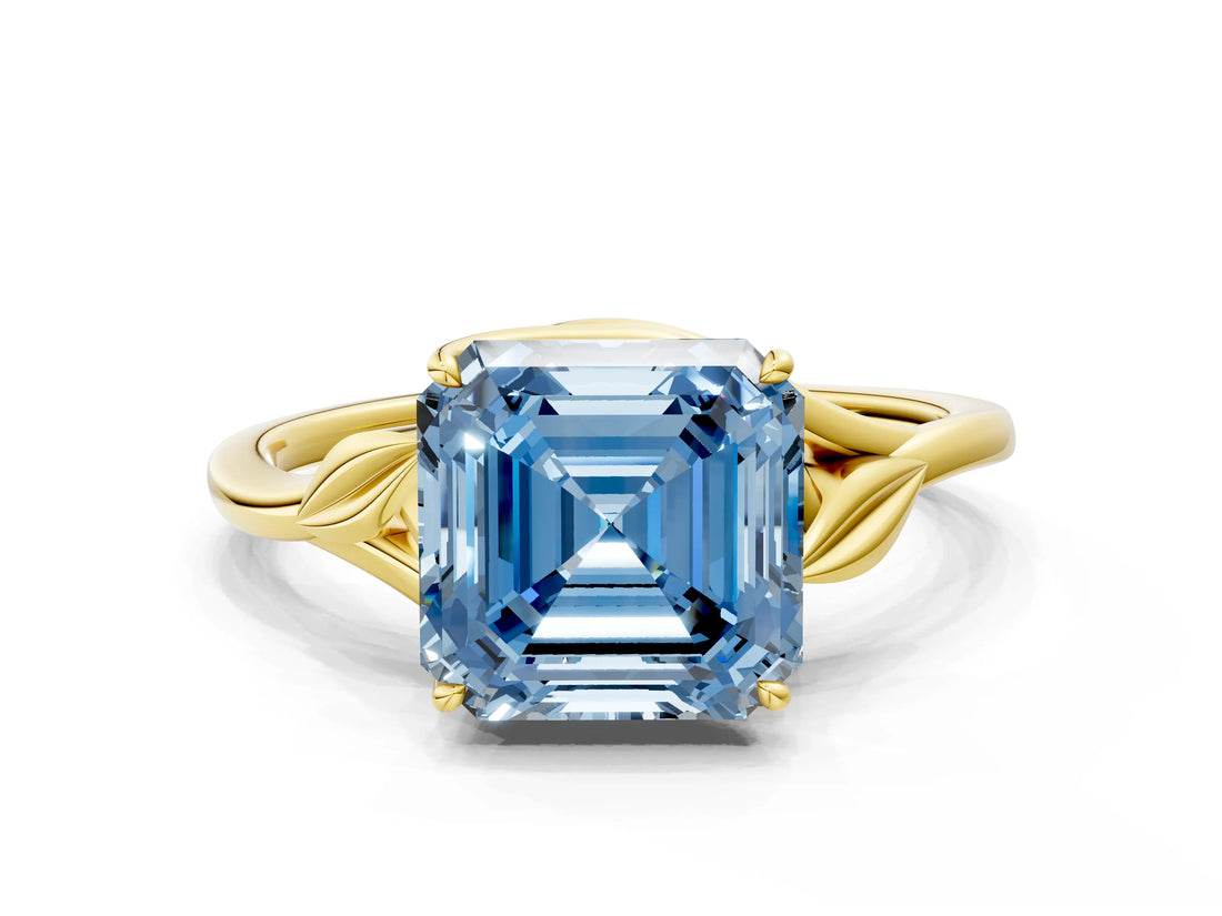 Yellow gold Fancy Blue Asscher Cut Diamond Solitaire Ring with Twist Band and Four-Prong Setting_63