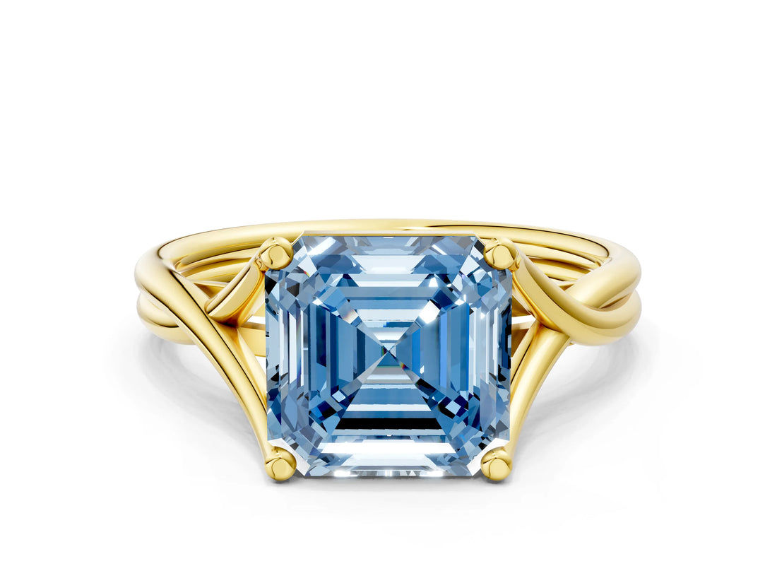 Yellow gold Fancy Blue Asscher Cut Diamond Solitaire Twist Band Prong Setting Ring_43