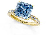 Yellow gold Fancy Blue Asscher  Cut Diamond Solitaire with Pave Band and Four-Prong Setting 1