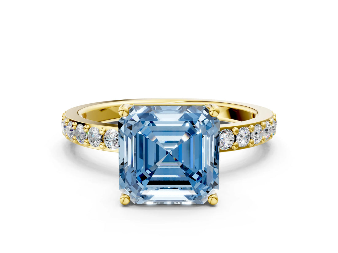 Yellow gold Fancy Blue Asscher  Cut Diamond Solitaire with Pave Band and Four-Prong Setting