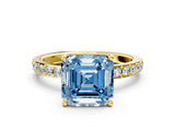 Yellow gold Fancy Blue Asscher  Cut Diamond Solitaire with Pave Band and Four-Prong Setting