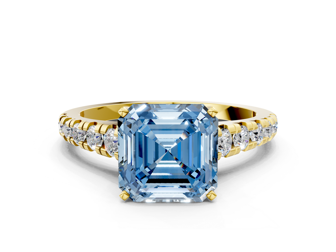 Yellow gold Fancy Blue Asscher  Cut Diamond Solitaire with Pave Band and Four-Prong Setting_17