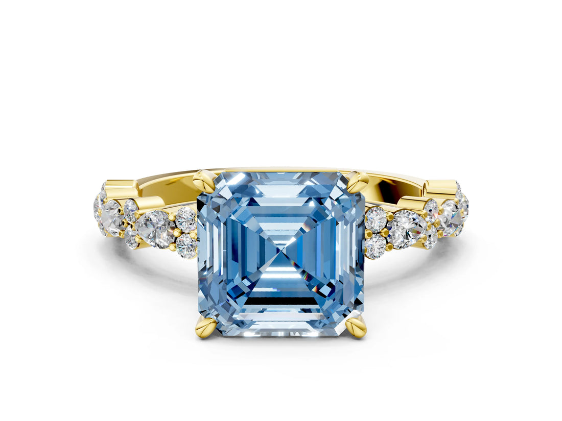 Yellow gold Fancy Blue Asscher Cut Diamond Solitaire with Side Stones, Pave Band, Four-Prong Setting_58