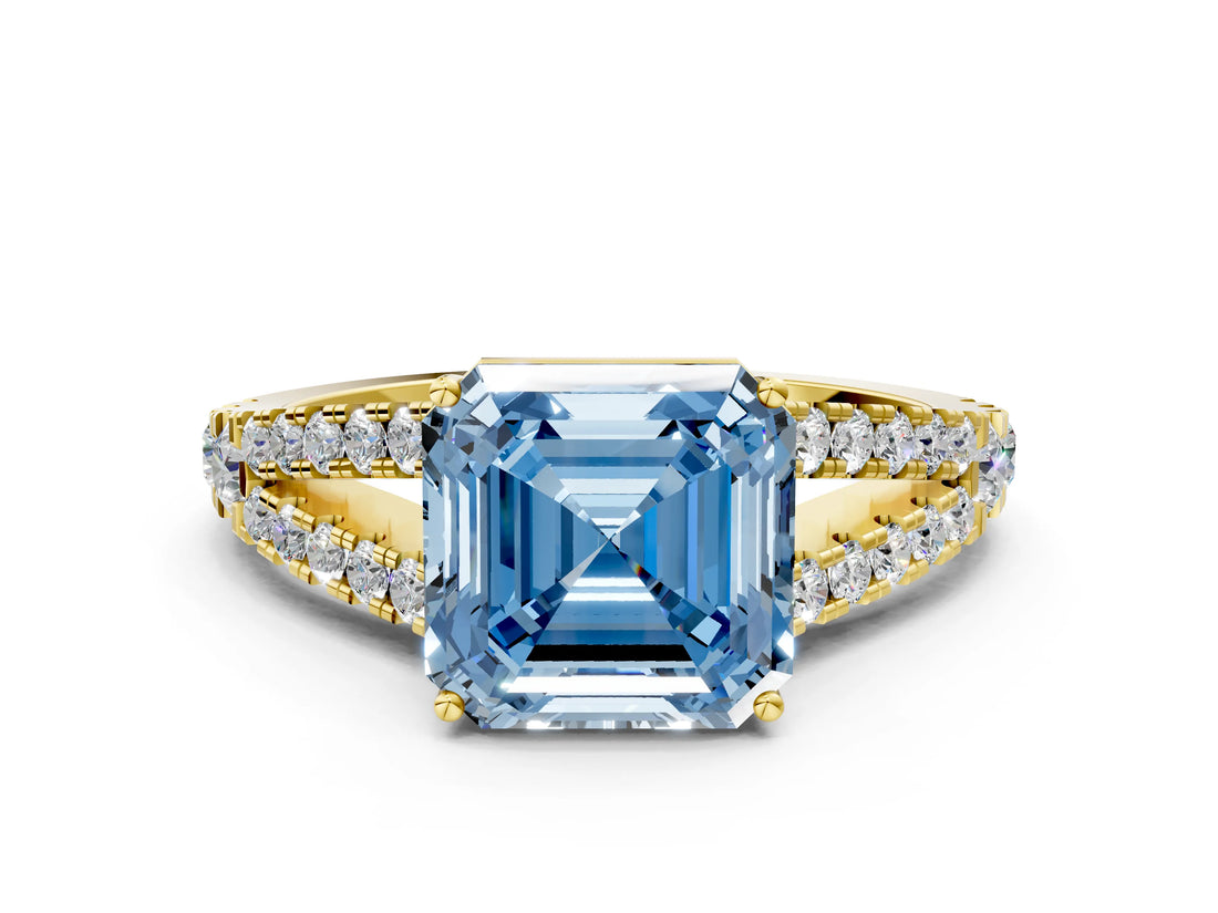Yellow gold Fancy Blue Asscher Cut Diamond Split Shank Pavé Engagement Ring with Four-Prong Setting_17