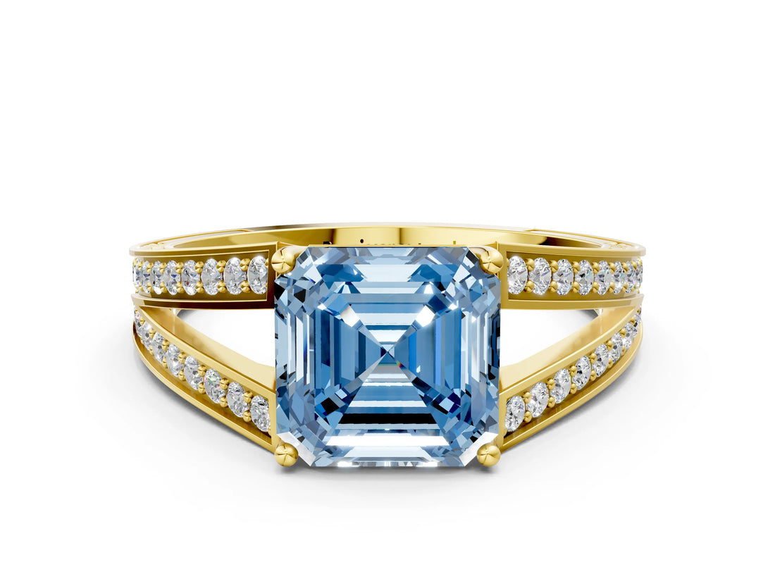 Yellow gold Fancy Blue Asscher Cut Diamond Split Shank Ring with Pavé Band and Four-Prong Setting_34