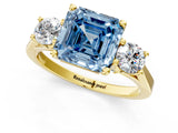 Yellow gold Fancy Blue Asscher Cut Diamond Three-Stone Engagement Ring with Prong Setting and Pavé Band_1